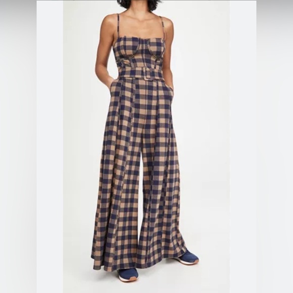 Free People Strapless Plaid Belted Jumpsuit in Navy and Tan - Picture 5 of 15